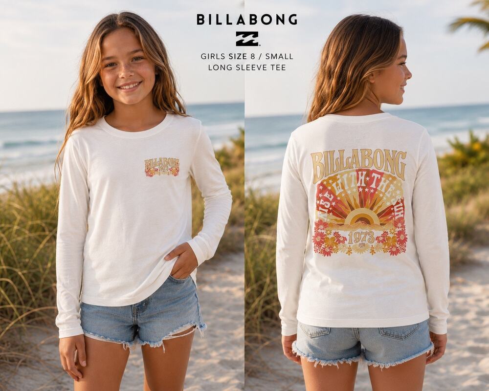 Billabong Girls Long Sleeve T Shirt Size 8 White Rise Up Graphic Logo NWT
